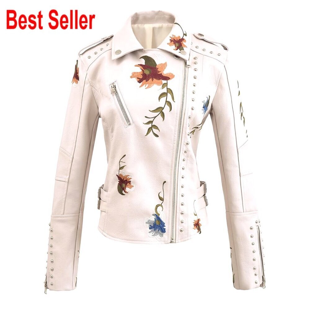 Embroidered Faux Leather Moto Jacket, Studded Punk Style, Windproof